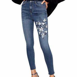 Zara Floral Painted Skinny Jeans with Raw Hem